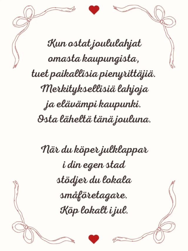 Kun ostat joululahjat omasta kaupungista, tuet paikallisia pienyrittäjiä.
Merkityksellisiä lahjoja ja elävämpi kaupunki.
Osta läheltä tänä jouluna.❤️✨När du köper julklappar i din egen stad stödjer du lokala småföretagare.
Meningsfulla gåvor och en mer levande stad.
Köp lokalt i jul.❤️✨#köplokalt #stödlokalt #julklappar #dinstad #närahandel #jul #gamlaborgå #ostapaikallista #tuepienyrittäjää #joululahjat #omastakaupungista #läheltäostaminen #joulu #vanhaporvoo #visitporvoo #porvoo #borgå #elizaporvoo #elizahairspa #hiusgalleriasaloneliza
@vanhaporvoo
@visitporvoo
