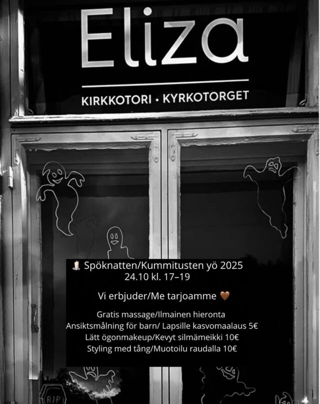 KUMMITUSTEN YÖ👻Perjantaina Vanhan Porvoon tunnelmissa 💫
Tule poikkeamaan meille Kirkkotorin Elizaan – luvassa juhlahumua, hemmottelua ja ripaus taikaa iltaan.Eliza HairSpa täyttää 1 vuotta!
Haluamme juhlia kanssasi ja tarjoamme 10 minuutin näytteen rentouttavasta hieronnasta.Elizan vanhalla puolella taiteellinen tiimimme loihtii:
• Kasvomaalauksia 5 €
• Silmämeikkejä 10 €
• Nopeita kiharakampauksia 10 €Aloita iltasi meiltä Kirkkotori 9– ovet ovat auki klo 17–19.Psst – Davinesin joulupaketit ovat nyt ennakkomyynnissä, ja varsinainen myynti alkaa 1.11. 🎁#vanhaporvoo #spöknatten #kummitustenyö #saloneliza #elizahairspa #elizakirkkotori #porvoonkirkko #visitporvoo #porvooSPÖKNATTEN 👻
På fredag i Gamla Borgås stämningsfulla kvarter 💫
Titta in till Eliza vid Kyrktorget – kvällen bjuder på firande, små lyxiga stunder och en gnutta magi.Eliza HairSpa fyller 1 år!
Vi vill fira tillsammans med er och erbjuder en kortare 10 minuters version av vår avslappnande massage – perfekt för att prova på under kvällen.I Elizas gamla del trollar vårt kreativa team fram:
• Ansiktsmålningar 5 €
• Ögonsmink 10 €
• Snabba lockfrisyrer 10 €Börja din spökvandring hos oss vid Kyrktorget 9– vi har öppet kl. 17–19.Psst – Davines julpaket finns nu i förhandsförsäljning, och den officiella försäljningen börjar 1.11. 🎁#gamlaborgå #spöknatten #saloneliza #elizahairspa #elizakirkkotori #borgådomkyrka #visitporvoo #porvooElizan tiimi❤️ @sarastylar @vilmahaireliza @bymalinkajander @ruzannahaireliza @catharinahaireliza @hairbyfrida._ @hairby_saanamariia @katihaireliza @johannahaireliza @sarahhaireliza