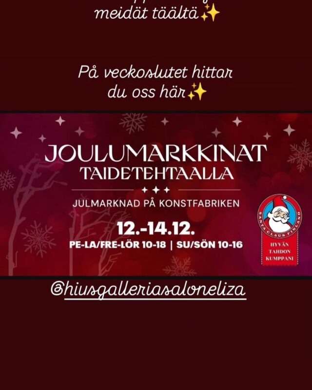 🎄 Tervetuloa joulumarkkinoille!Tule tekemään löytöjä – et ehkä arvaakaan, mitä kaikkea joulumarkkinoilta voi löytyä!
🎄 Olemme paikalla koko viikonlopun.🎄 Erikoistarjous:
•	Ilmainen kokeiluhieronta
•	Hiuspohjan kunnon tarkastus mikrokamerallaTule rohkeasti käymään ja juttelemaan – lämmin tunnelma taattu.🎄 Nähdään joulumarkkinoilla!#joulumarkkinat #julmarknad #visitporvoo#vanhaporvoo #gamlaborgå #borgå#porvoo #kauneus #joulu #jul🎄 Välkommen till julmarknaden!Kom och fynda – du vet aldrig vilka överraskande saker du kan hitta på julmarknaden!
🎄 Vi är på plats hela veckoslutet.🎄 Specialerbjudande:
•	Gratis provmassage
•	Vi kan även kolla ditt hårbotten med mikrokamera om du så önskarKom gärna förbi och prata en stund – varm och härlig stämning utlovas.🎄 Vi ses på julmarknaden!